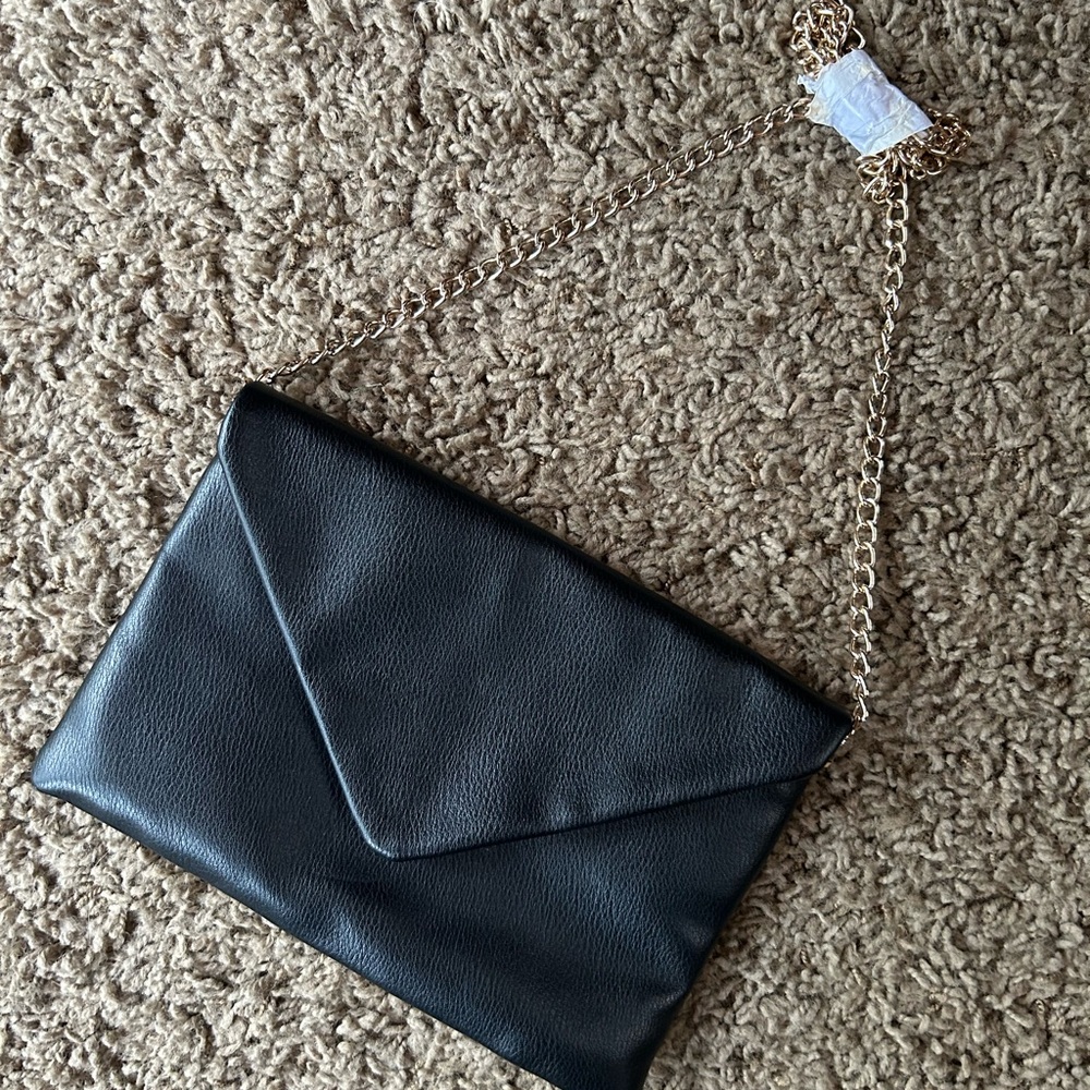 Elegant Black Leather Clutch with Detachable Gold Chain